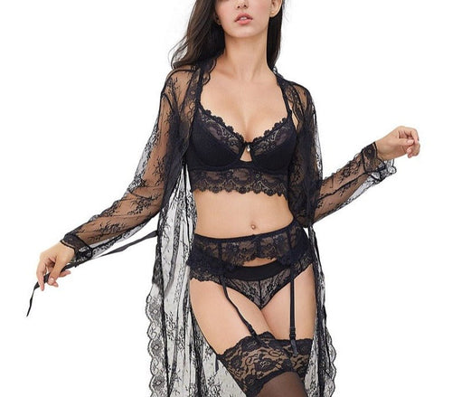 Sexy 7PCS Women Mesh Floral Lingerie Set -Kosmicos