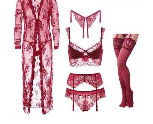 Sexy 7PCS Women Mesh Floral Lingerie Set -Kosmicos